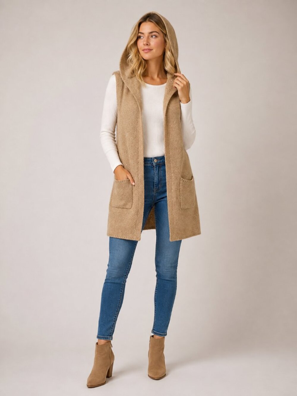 2/$30 TAHARI Wool Blend Hooded Longline Cardigan Vest Camel Medium #A4283
